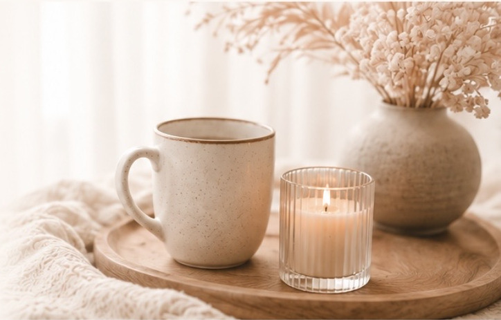 Tasse und Kerze auf einem Holztablett neben einer Vase mit Trockenblumen.